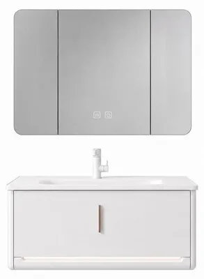 Image de Ensemble meuble de salle de bain avec vasque et armoire miroir LED - 100 cm - Blanc - VALEN