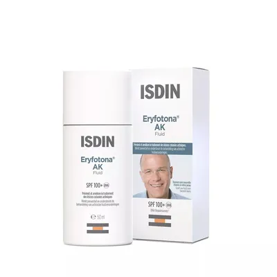 A product shot of ISDIN Eryfotona AK Fluid SPF 100+ 50ml with its packaging.