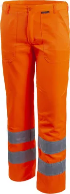 A pair of orange work pants with reflective stripes.