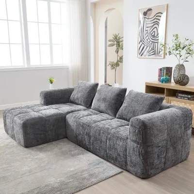 Produktbild von okwish L-Sofa,Ecksofa，Sektionssofa，Modernes Sofa，Chenille-Sofa mit Armlehnen &  3 Kissen,Wohnzimmersofa，Seitentasche für Fernbedienung, Grau