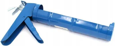 A blue caulking gun is shown against a white background.