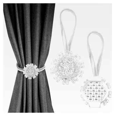 Produktbild von 2 Stück Dekorative Kristall Blumen Vorhang Clips, Magnetische Raffhalter, Vorhang Schnallen Halter Ohne Bohren, Vorhang Raffhalter mit Feder, Dehnbare Gardinenhalter für Zuhause und Büro