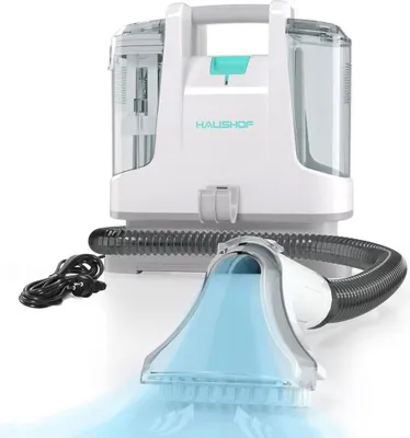 Produktbild von HAUSHOF Waschsauger Teppichreiniger, Modellnr: nicht angegeben, Produkttyp: Teppichreiniger, Merkmale: StainZapper Fleckenreiniger für Teppich, Sofa, Vorleger, Polster, Treppen, Auto, Abmessungen: 28,5cm X 15cm X 26,5cm, Leistung: 400W, Farbe: Weiß/Grau