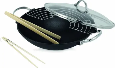 Produktbild von BEKA 14300734 Wok 'Lhasa' aus Gusseisen, mit Abtropf-Gitter und Zubehör, schwarz/silber (1 Set)