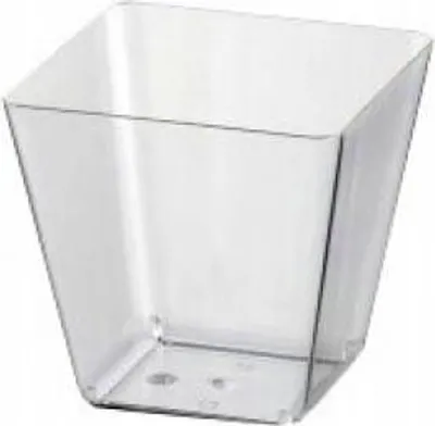 A clear plastic dessert container is shown against a white background.