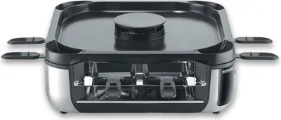 A Severin S-Joy Sevento Raclette Grill rauchreduziert RG 2379 schwarzsilber is shown against a white background.