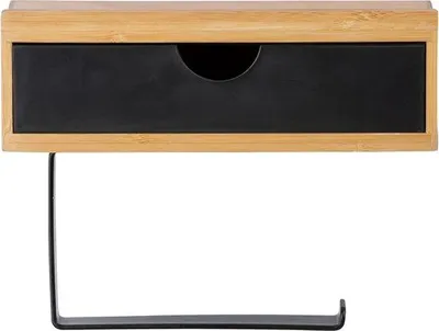 Image de Porte-papier toilette en bambou avec fixation murale pratique, pochette pour lingettes humides incluse, 18,5 x 14 x 10,5 cm, naturel/noir naturel