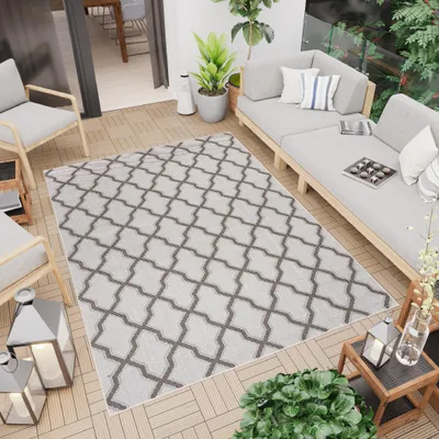 Produktbild von Teppich Outdoor Indoor Hellgrau Marokkanisch Gitter Balkon Terrasse 120 x 170 cm
