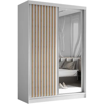 Obrázek produktu pro BEAUTYSOFA Šatní skříň s lamelami HELIX 150 cm - moderní styl šatní skříně s posuvnými dveřmi a zrcadlem (bílá + Artisan)