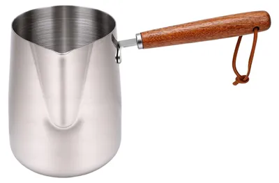 Image de Pichet à mousse de lait en acier inoxydable 304, tasse à mousse de lait avec poignée en bois et bec verseur, idéale pour l'art du café, le chauffage, la fonte de l'huile, du beurre et du chocolat. Capacité : 600 ml