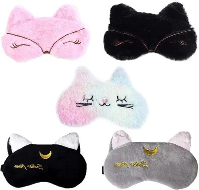 Productafbeelding van Slaapmasker voor kinderen, set van 5, met cartoonprint, van pluche, ideaal voor jongens en meisjes