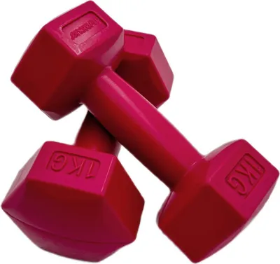 Two pink dumbbells are shown against a white background.