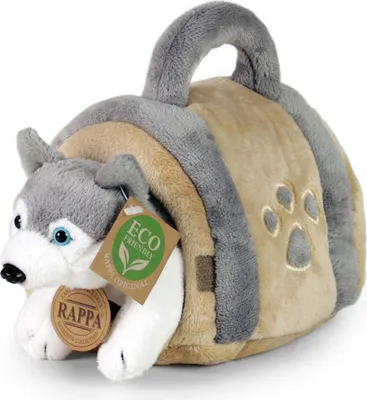 A plush husky dog toy peeking out of a tan and gray carrying case with a paw print design.