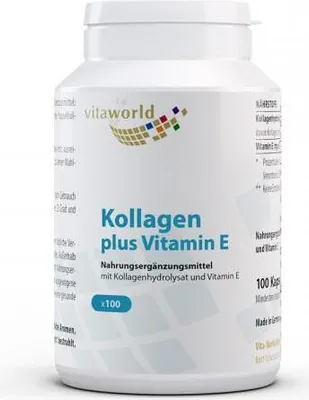 A white bottle of Vita World Kollagen plus Vitamin E capsules against a white background.
