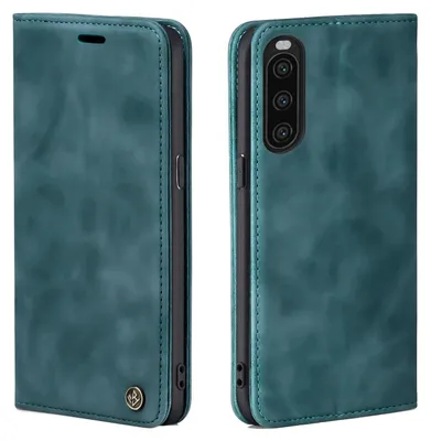 A teal flip case for a smartphone is shown from two angles.