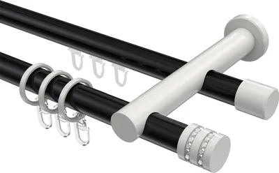 Produktbild von Interdeco Rundrohr-Innenlaufstange / Gardinenstange (Kombination) Schwarz / Weiß, Typ Platon Estana (Glitzerkappe), 20 mm Ø 2-läufig, 480 cm
