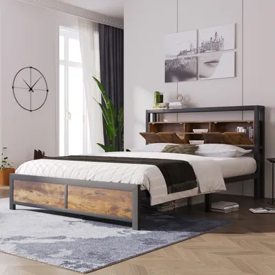 Produktbild von Łóżko metalowe Flieks 140x200cm, rama łóżka młodzieżowego z listwową ramą i zagłówkiem do przechowywania, podwójne łóżko dzienne, łóżko dla gości, czarne