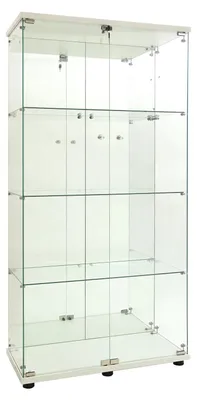 Obrázok produktu pre Vitrína – Sklenená skrinka – 80,5 × 36,5 × 163,9 cm – 4 sklenené police – LED osvetlenie – zrkadlová zadná stena – dvojdverová – biela