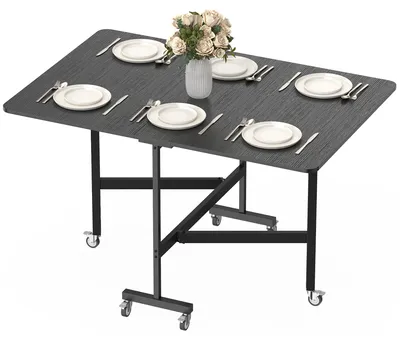 Produktbild von Esstisch klappbar Spanplatte Stahl, Klapptisch fahrbar 6 Rollen mit Bremsen, Schwarz | bis 6 Personen | zusammengeklappt 26 cm | 120 x 80 x 73 cm