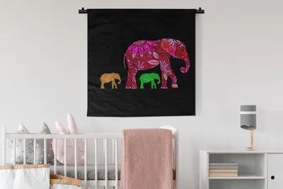 Produktbild von MuchoWow® Wandteppich Wandbehang Elefant - Muster - Blumen - Pflanzen 90x90 cm Tapisserie Dekoration Wandtuch - Wandaufhänger