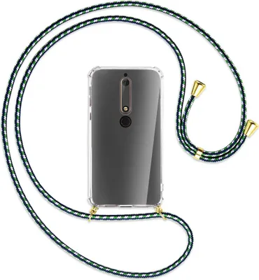 Produktbild von Handykette Backcover-Schutzhülle mit Band (Metall goldfarben) für Nokia 6.1 - grün/blau/weiß