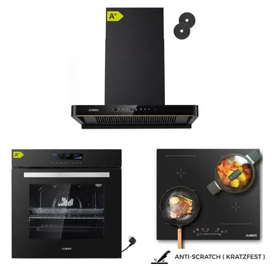 Produktbild von KB ELEMENTS Sparset, Einbauherd Set, Herdset, Induktionskochfeld 60cm, Einbaubackofen 60cm, Dunstabzugshaube 60cm, 14 Funktionen Einbaubackofen, EEKA+