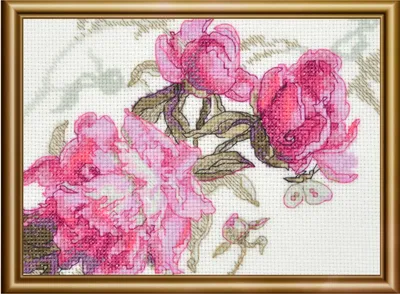 Zdjęcie produktu dla Zestaw do haftowania krzyżykowego "Pfingstrosen. Flüstern" firmy Aine, tkanina Aida 14 ct, schemat do liczenia, wymiary 18x15 cm