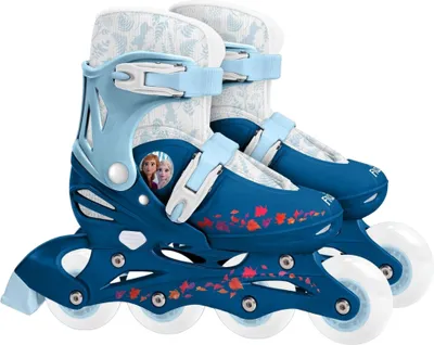 A pair of children's inline skates with a Frozen II theme.
