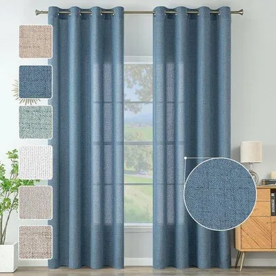 Image de Rideaux en lin avec effet lin pour le salon, rideau moderne en voile, semi-transparent, naturel, 2 pièces, 140 x 245 cm, bleu