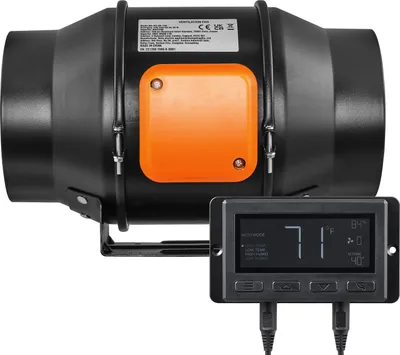A black inline duct fan with an orange cover and a digital controller are shown against a white background.