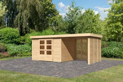 Produktbild von Karibu Gartenhaus Gerätehaus Askola 5 im Set mitAnbaudach 2,40 m Breite und Feuerholzoption naturbelassen 522x246x211 cm