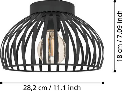 A black metal ceiling lamp with a cage-like shade and a visible light bulb, with dimensions indicated.