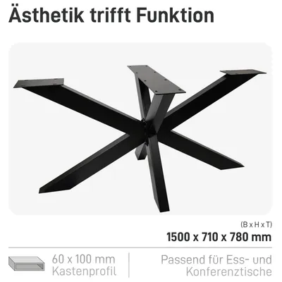 Zdjęcie produktu dla Natural Goods Berlin SPIDER rama stołu, prowadnice stołu, nogi stołu, bardzo wytrzymałe, nogi meblowe, metalowe, czarne, wys. 71 x szer. 78 x dł. 150 cm