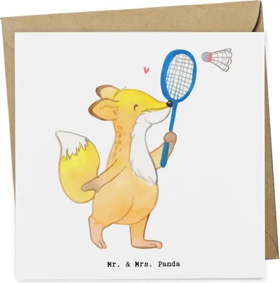 Produktbild von Mr. & Mrs. Panda Glückwunschkarte Fuchs Federball spielen - Weiß - Geschenk, doppelkarte, Badminton, Grußkarte, anlasskarte, Sportler, faltkarte, Klappkarte