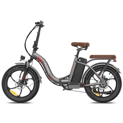 A studio shot of a gray folding electric bicycle against a white background.