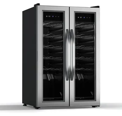 Obrázok produktu pre Chladnička na víno Klarstein Vinamour 2 zóny - 24 fliaš, 5-18 °C, dotykové ovládanie, LED osvetlenie, voľne stojaca, dvojdverová chladnička na víno z nehrdzavejúcej ocele