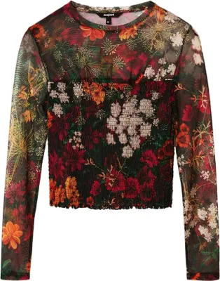 Produktbild von Desigual Damen Langarmshirt - Schwarzes Mesh-Shirt mit abstraktem Muster 22WWTK639019 GR. XL