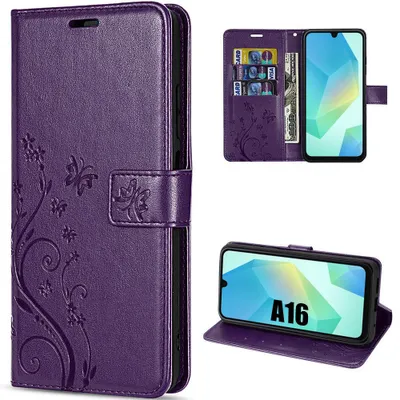 Image de Coque pour Samsung Galaxy A16 5G/4G Protection Rabat Cuir Synthétique Antichoc Violet Foncé Motif Papillon