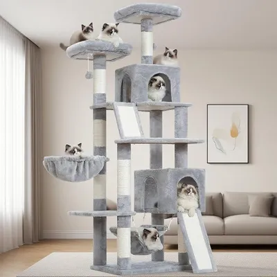 Image de Arbre à chat Kratzbaum, modèle pour intérieur, 180 cm, adapté aux grands chats, avec 2 plateformes à gratter, 7 poteaux à gratter, 2 plateformes en peluche, 2 cachettes pour chats, couleur gris clair, modèle GCT032W