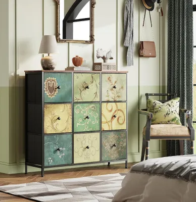 Immagine prodotto di CDGlobal cassettiera, credenza, mobile da cucina, mobile TV, tavolo TV, mobile contenitore, mobile per vini, 9 cassetti, 100 x 30 x 86,5 cm, soggiorno, ante a lamelle, design industriale, vintage marrone