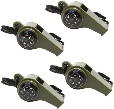 Produktbild von Notsignalhorn 3 in 1 - 4 Stücke - Notflote mit Kompass & Thermometer - Notflote - Lautes Sicherheitssignalhorn mit Tragegurt - Außen - Für Wandern, Camping, Bootfahren, Jagen, Angeln