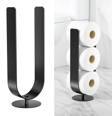 Image de Porte-papier toilette sur pied, porte-papier toilette en métal avec support pour rouleaux de rechange, porte-papier toilette pour 3 rouleaux, étagère de rangement pour papier toilette de salle de bains (noir, 1 pièce)