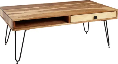 Image de FineBuy Table basse en acacia massif 110 cm - Table de salon industrielle rectangulaire avec pieds Hairpin, 2 tiroirs & compartiments de rangement - Fait main