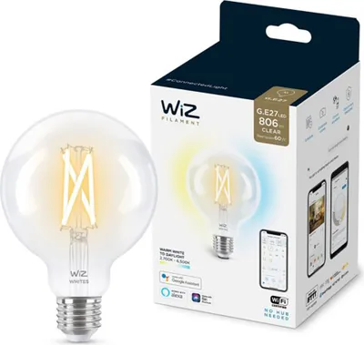 Obrázek produktu pro WiZ Kulová žárovka s tradičním vzhledem, čirá, 60 W G95 E27, Chytrá žárovka, Wi-Fi/Bluetooth, Průhledná, Wi-Fi 4 (802.11n), 802.11b, 802.11g, LED, E27