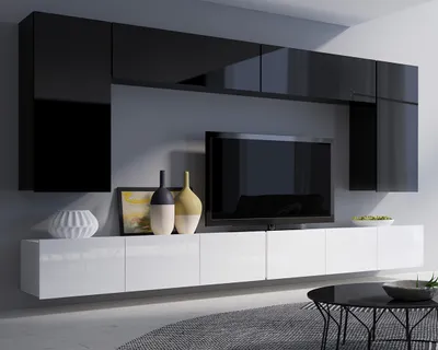 Produktbild von Wohnwand Amanda VII, Wohnzimmer-Set, Anbauwand, Schrankwand, Mediawand 300cm Breite (Schwarz + Schwarz Hochglanz / Weiß + Weiß Hochglanz)