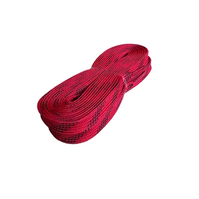 A coiled red shoelace with black speckles on a white background.