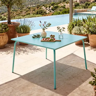 Produktbild von Quadratischer Gartentisch aus Metall Türkis - Oviala Palavas