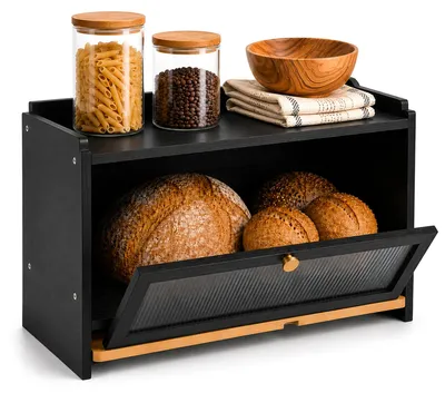 Imagen del producto de Caja para pan negra de madera con tabla de cortar – Caja para pan de 40x26x23 cm