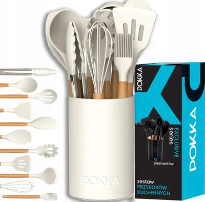 A set of white silicone kitchen utensils with wooden handles displayed in a white holder, next to its packaging.