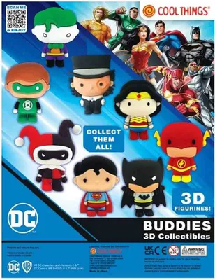 A collage of DC Comics characters in a stylized, collectible figurine format, presented on a blue background with promotional text and logos.